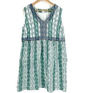 J Jill Dress Size XL Ikat Green White Stripe Embroidered Pockets Shift Cotton